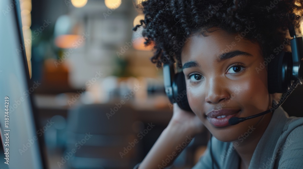 Poster confident young female customer service representative using a headset while working on a computer i