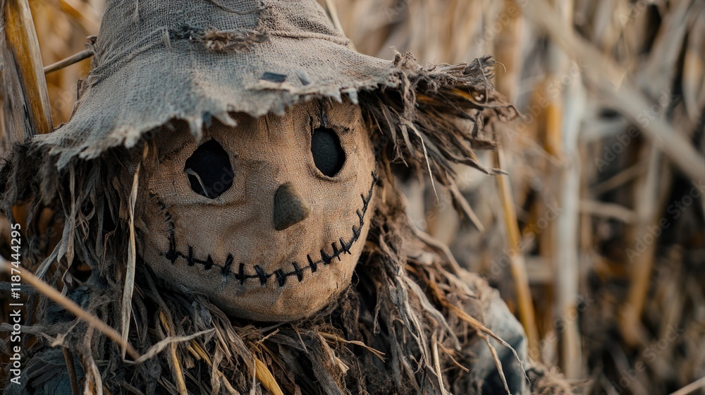 Poster a single scare head sitting in the middle of an open field, surrounded by nature