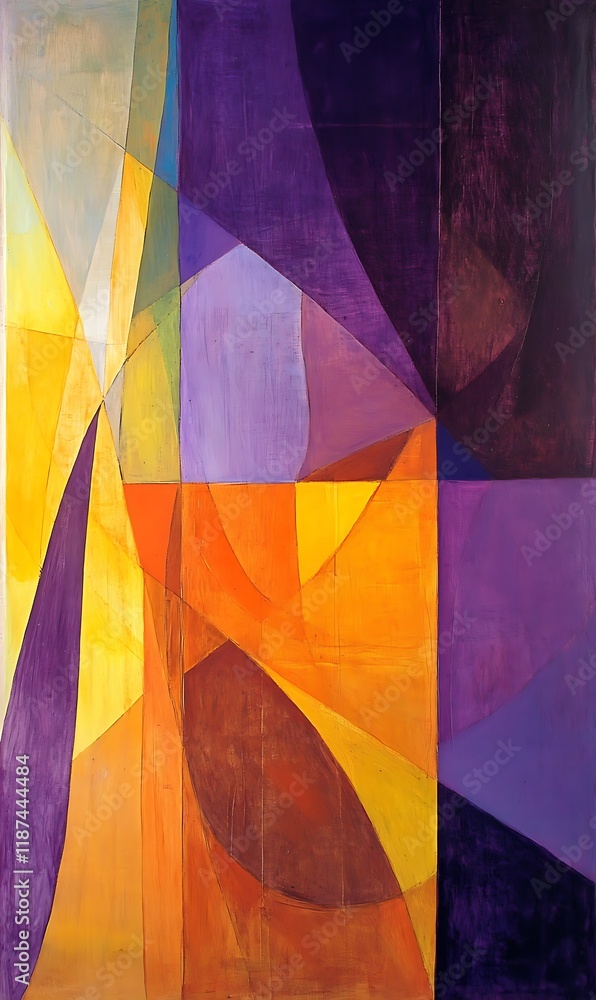 Poster geometric shapes in orange and purple blending smoothly into a colorful abstract backdrop, creating 