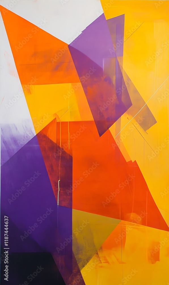 Poster orange and purple geometric shapes merge and flow into each other, forming a unique abstract design 