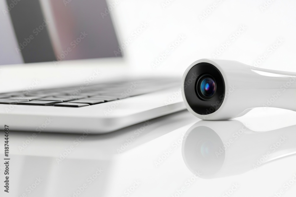Poster a camera sits next to a laptop computer, ready for use