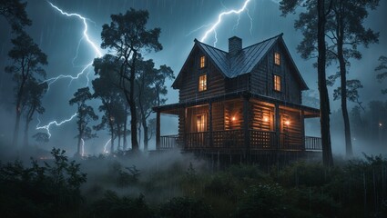 A rustic wooden cabin stands tall amidst a snow-covered forest, exuding warmth and coziness against the cold winter landscape, offering a perfect retreat for peace and solitude in nature&rsquo;s embrace