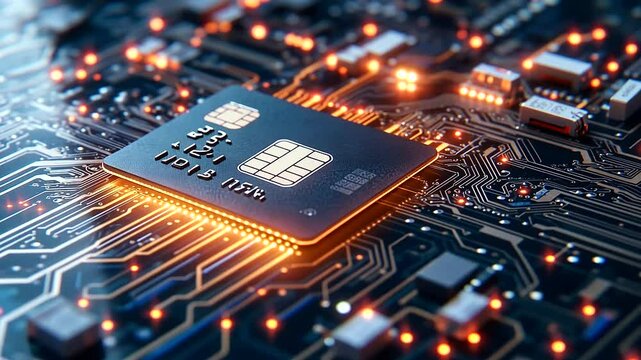 A close-up view of a digital lock secures a credit card on a circuit board, as encrypted data flows along glowing pathways, demonstrating the safety of online payments.