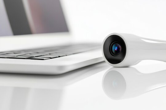 A camera sits next to a laptop computer, ready for use