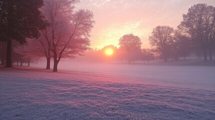 morning fog and frosted grass and trees