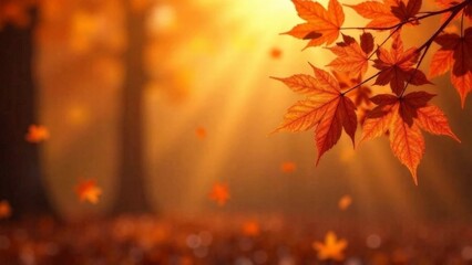 Naklejka premium A tree with leaves falling and a sun shining on it. The leaves are orange and the sun is bright