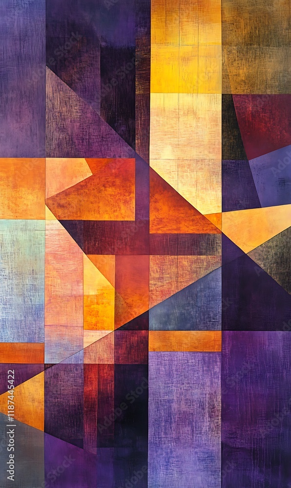 Poster abstract geometric shapes in orange and purple blend together in a visually striking pattern with a 