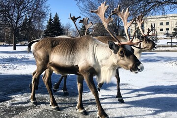 Obraz premium A herd of reindeer traversing a frozen Arctic tundra, antlers crowned with frost