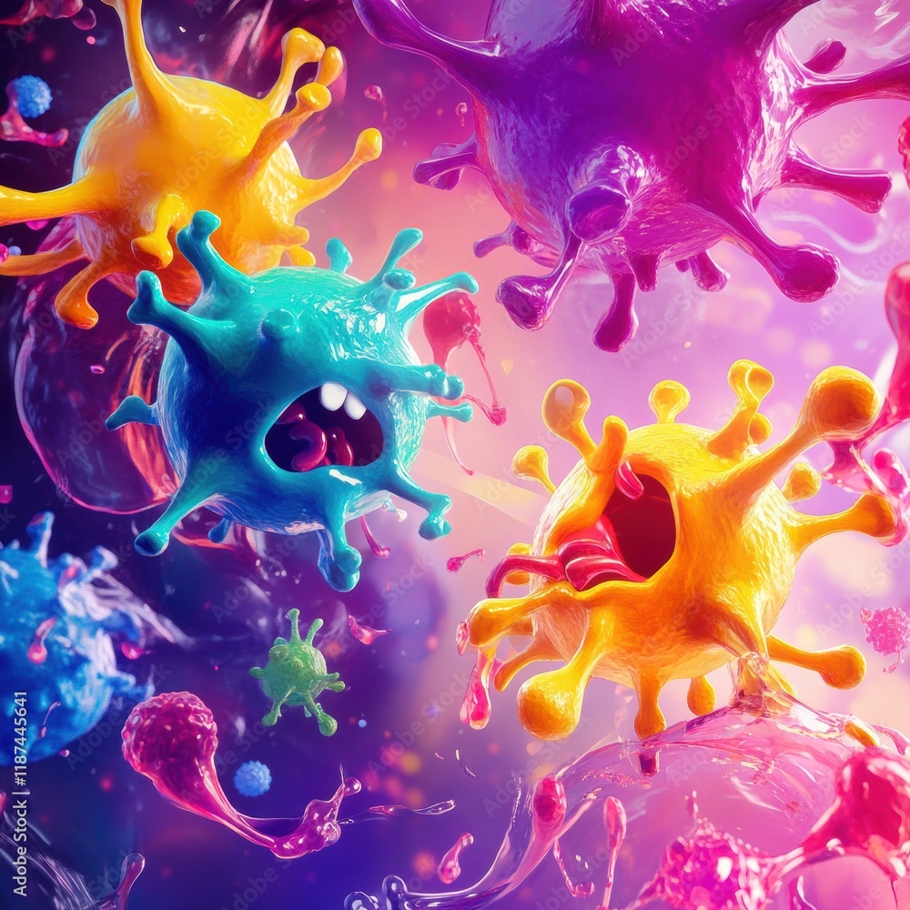 Poster playful cartoon viruses engage in a fun battle with colorful antibodies in a vibrant abstract settin