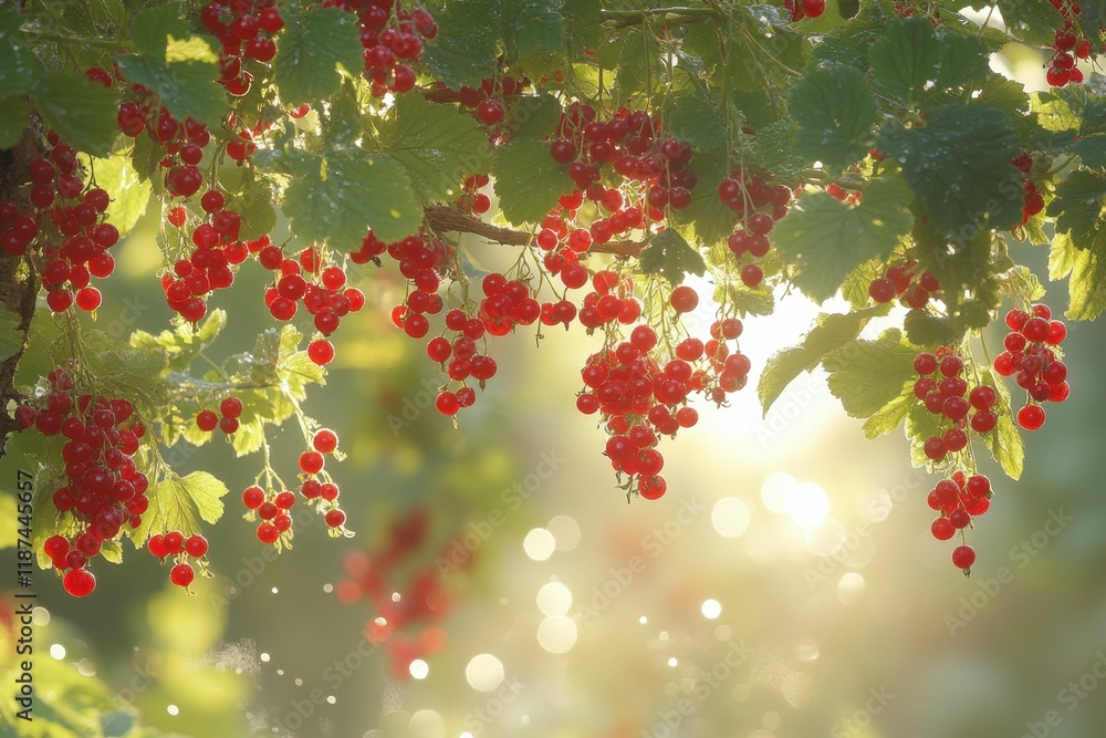 Poster red currants dangle from branches, illuminated by soft morning light in a vibrant garden. generative