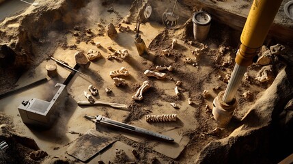 Detailed scene of carbon dating tools analyzing bone fragments artifacts found in excavation trenches