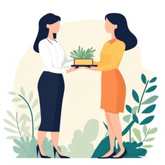 A woman hands a plant to another woman