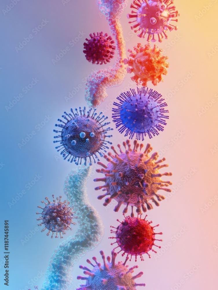 Poster progression of virus forms showcasing the evolution from basic to complex structures in a vibrant di
