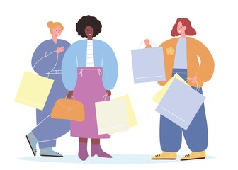 
Women came to the store to do some shopping. Girls at a sale with packages and things. Vector flat graphics.