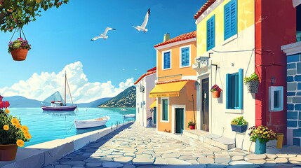 Fototapeta premium A depiction of a vessel navigating tranquil waters adjacent to a residence, featuring a sailing yacht adrift