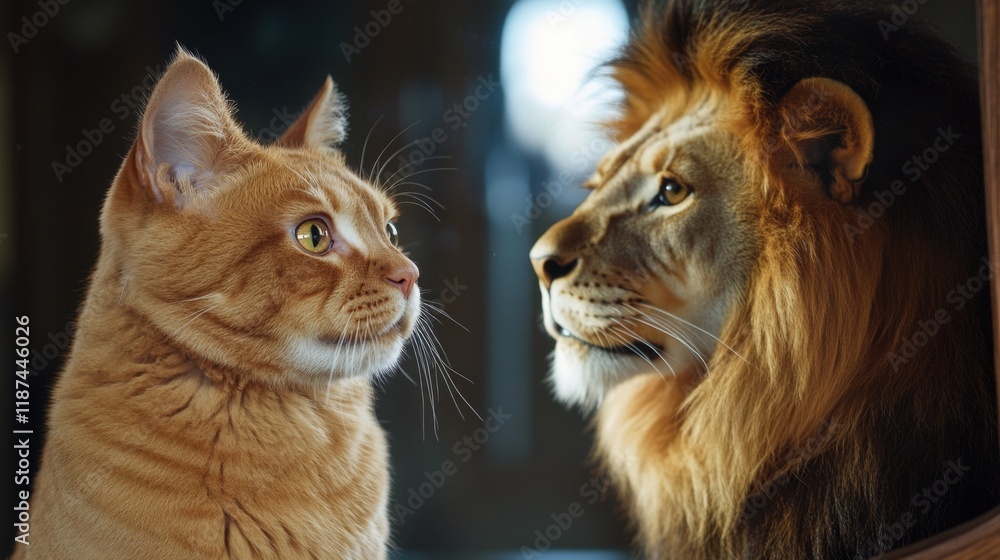 Poster a curious cat examines its own reflection in a mirror, with a lion's image visible behind it