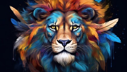 Vibrant, Expressive Portrait of a Majestic Lion Adorned with Paint and Feathers Against a Stark Black Background, Emphasizing the Animals Regal Presence and Artistic Expression