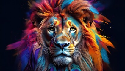 Vibrant Lion Portrait Adorned with Paint and Feathers on a Dramatic Black Background, Showcasing Majestic Splendor and Artistic Expression