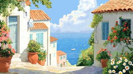 Fototapeta premium A painting showcases an oceanic view from a house, with flowers in the foreground and a boat floating in the background