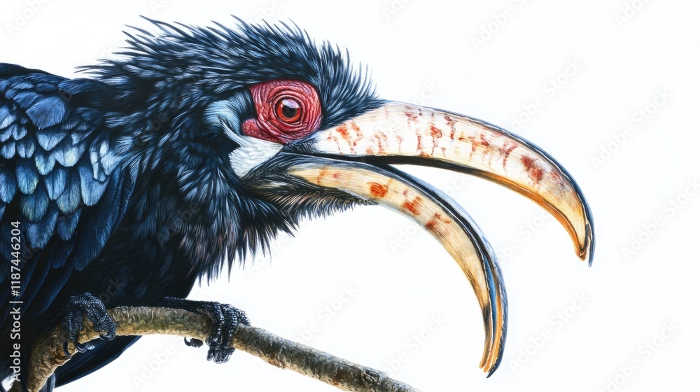 Poster a close-up view of a black bird with a distinctive red beak, perfect for use in illustrations or des