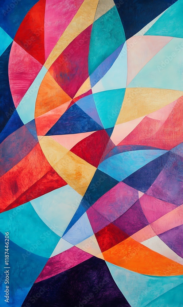 Poster a combination of red and blue geometric shapes overlapping on an abstract colorful background