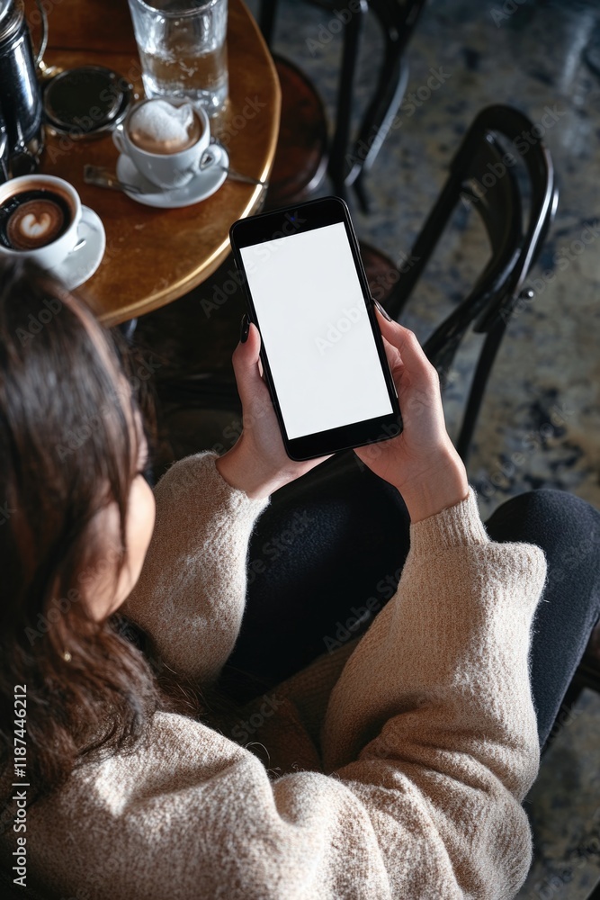Poster A woman sits at a table with a cell phone in hand, possibly checking messages or browsing the internet