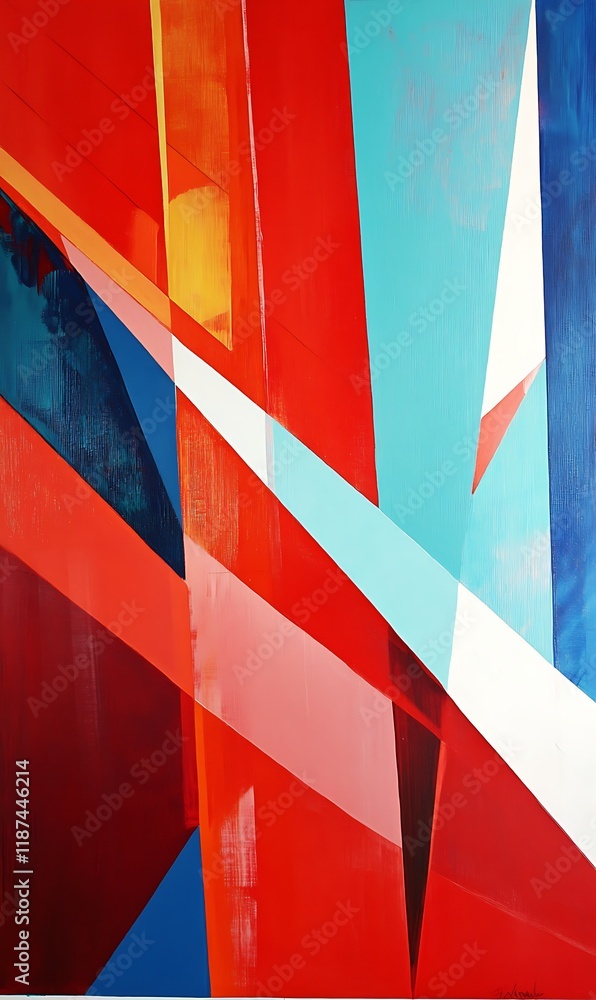 Poster a combination of red and blue geometric shapes overlapping on an abstract colorful background