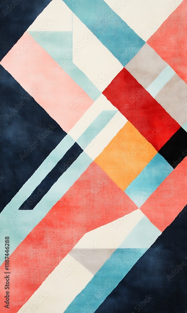 Poster a combination of red and blue geometric shapes overlapping on an abstract colorful background