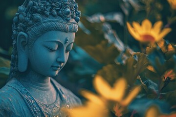 A detailed view of a person statue surrounded by vibrant flowers, perfect for decorative or inspirational purposes