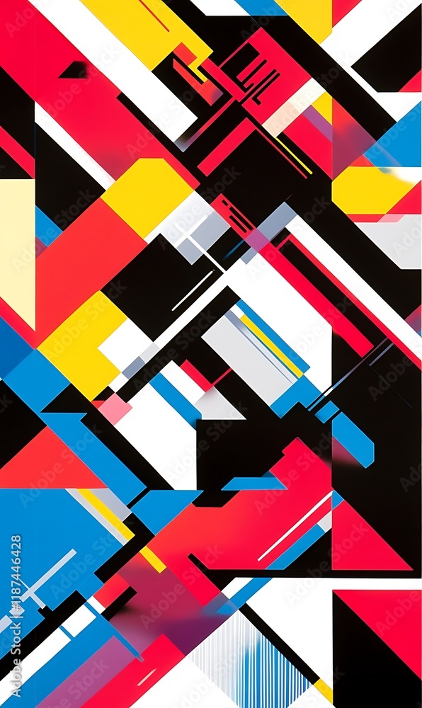 Poster overlapping red and blue geometric shapes on an abstract background, creating a unique artistic effe