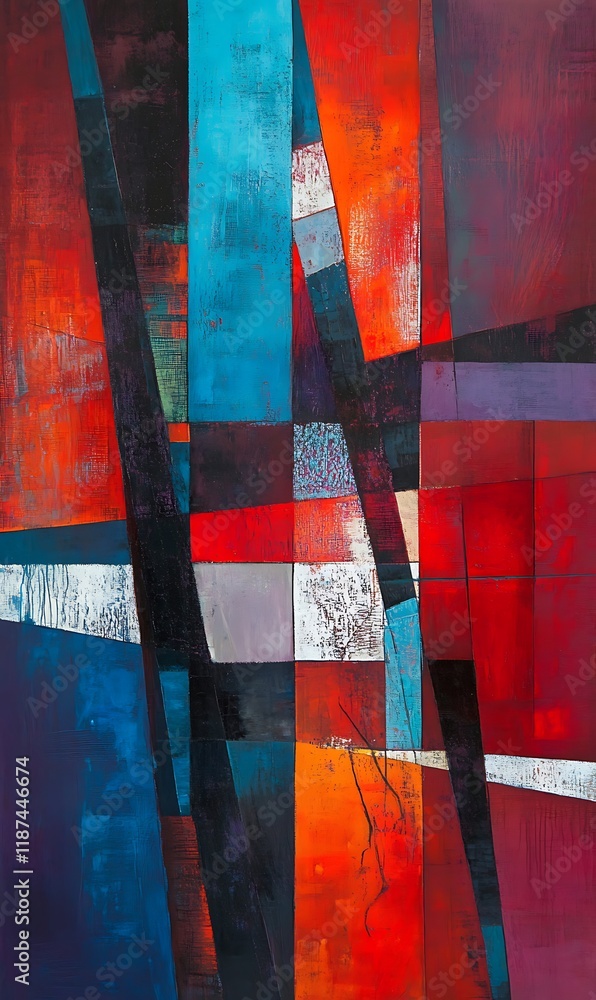 Poster colorful red and blue geometric shapes blending and overlapping on a subtle abstract background