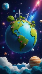 Naklejka premium Vivid eco-conscious illustration of Earth featuring whimsy and cosmic elements promoting environmental sustainability