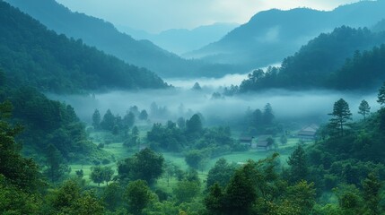 nature lighting in the morning after wake up town in fog at north of thailand selective focus