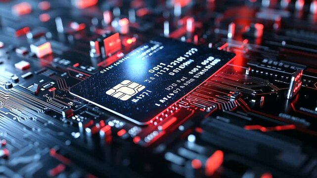 A digital lock secures a credit card within a futuristic circuit board, with surrounding holographic data security symbols, emphasizing the security of online payments and transact