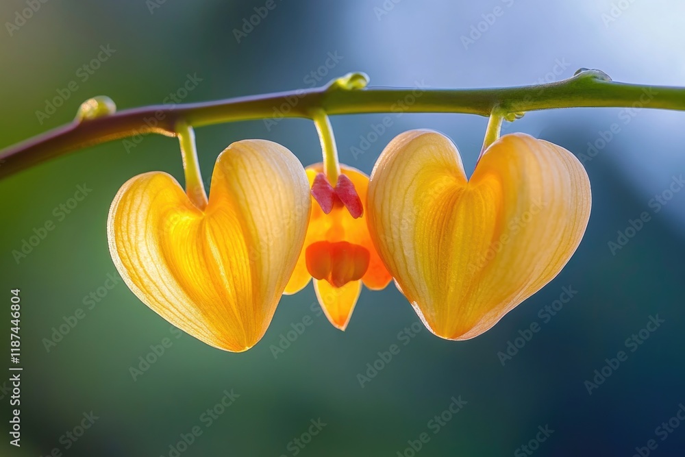 Poster a simple yet beautiful scene of two yellow flowers hanging from a tree branch, great for spring or n