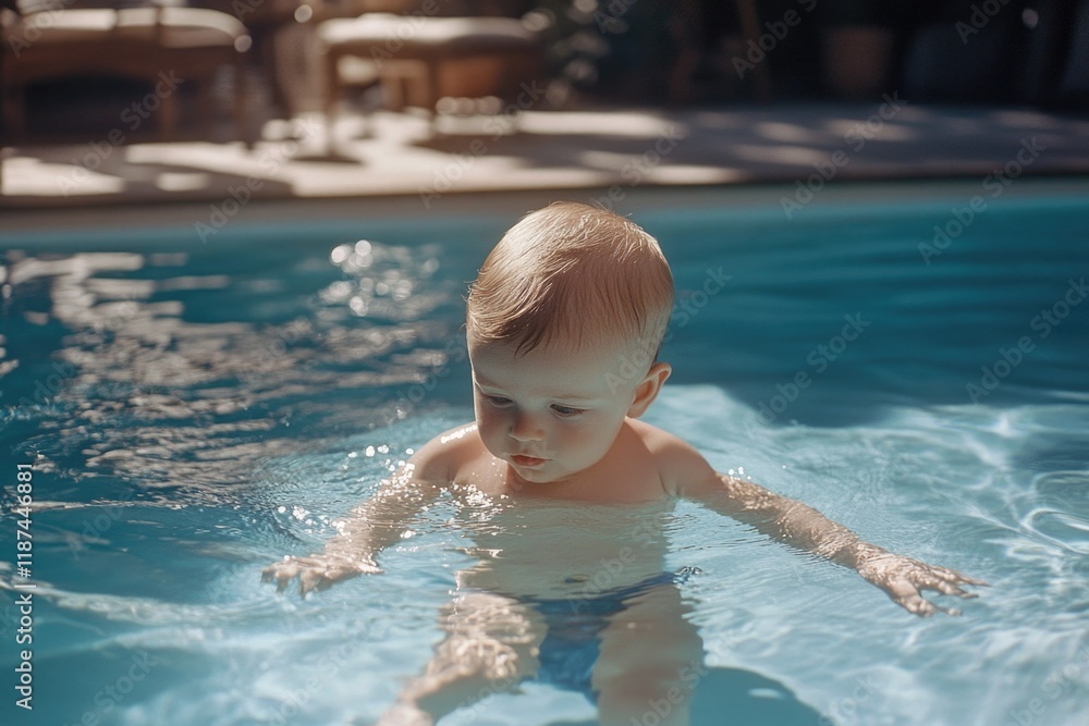 Poster a baby having fun with a frisbee in a pool, great for family and kid-related concepts