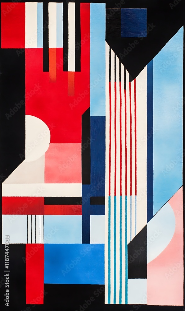 Poster bright red and blue geometric shapes with overlapping edges on an abstract background of soft colors