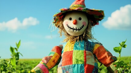 A plastic scare doll surrounded by green plants, possibly used for gardening or decoration