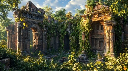 Fototapeta premium Vibrant visualization of lost cities reclaimed nature with ancient architecture peeking through overgrown vines