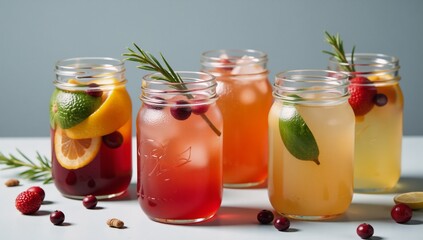 Festively decorated holiday cocktail jars with edible delights such as colorful fruits and herbs for a lively celebration