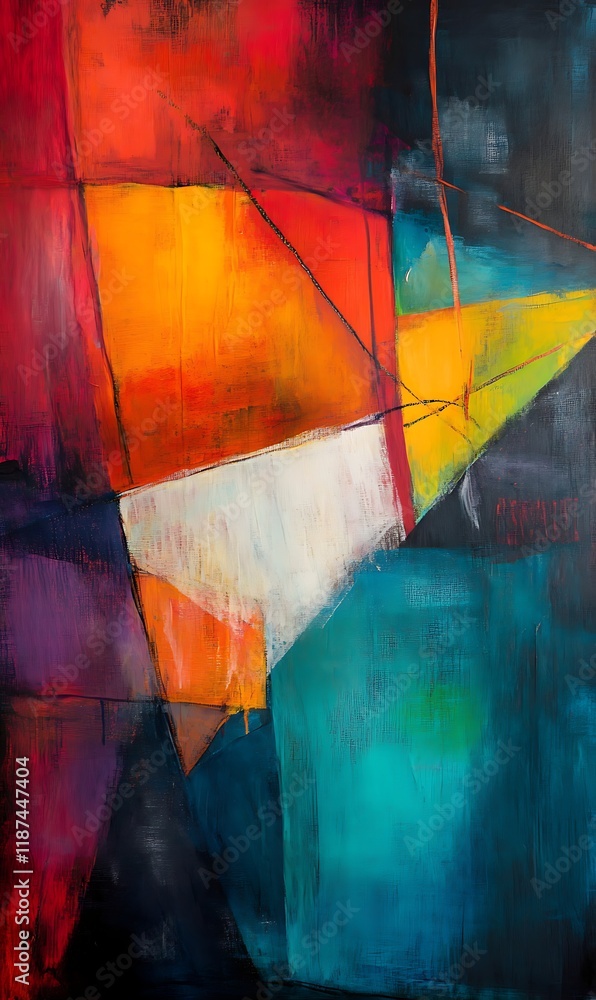 Poster red and blue geometric shapes overlapping on a colorful abstract background with a soft, blended eff