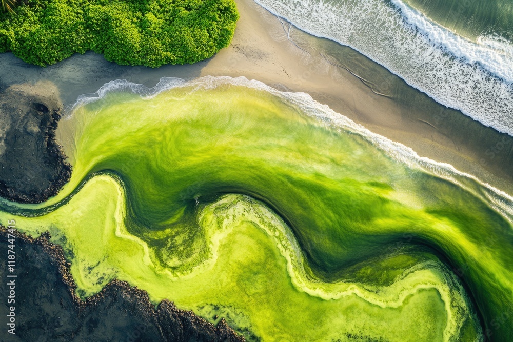Poster aerial view of a body of water covered in green algae, suitable for use as background or illustratio