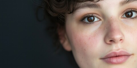 Fototapeta premium A stunning close-up portrait of a young woman’s face, highlighting her freckles, glistening eyes, and delicate features, representing beauty in authenticity and individuality.