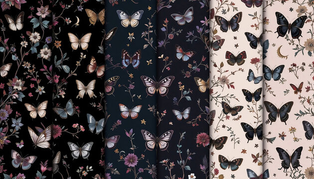 Seamless Textures with Butterflies, Moths, Flowers, and Crescent Moon Elements