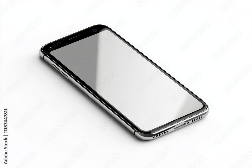 Poster a close-up shot of a cell phone on a white surface, great for illustrating digital technology or com