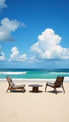 Fototapeta premium A detailed airbrush art piece showcasing an outdoor scene with a sky-meets-horizon view over beach furniture