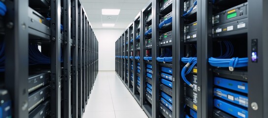 Server racks depicted in dimly lit data center security room with dark blue aesthetic