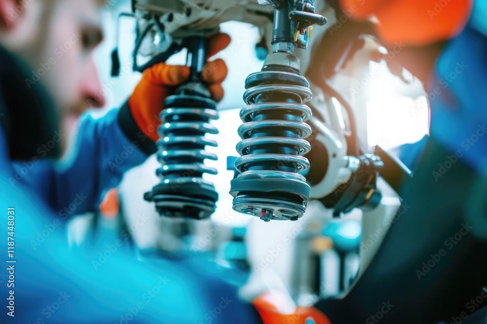 Poster A person assembling a motorcycle in a factory setting