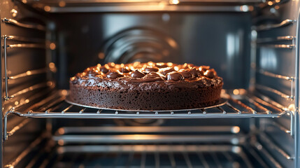 A modern stainless steel oven with a sleek design showcases a rich chocolate cake rising perfectly inside. The oven's glass door allows a clear view of the moist, decadent cake as it bakes.