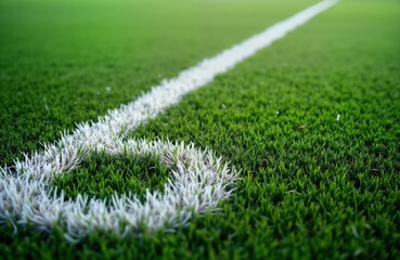 Close-up view of white lines on artificial turf. Detail shot shows artificial grass surface. Sport field with painted white lines. Detail of green turf. Sports concept. Play concept. Match concept.